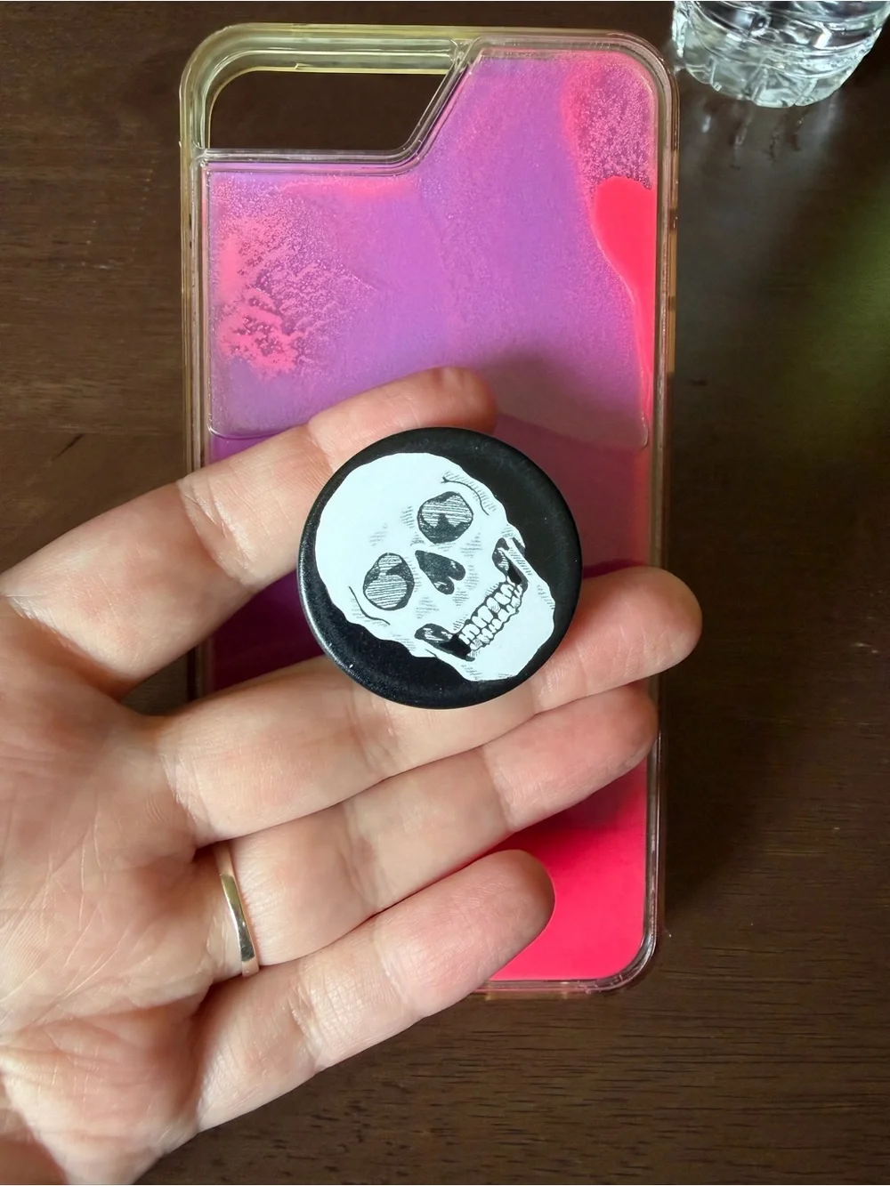Pink Skull Liquid Sand Phone Case with Pop Grip